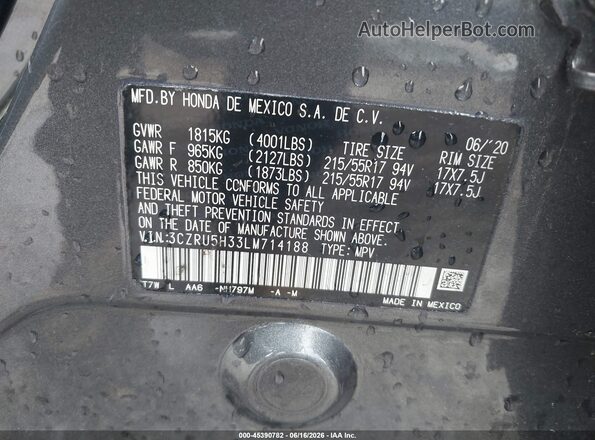 3CZRU5H33LM714188 2020 HONDA HR-V Gray Widok komory silnika