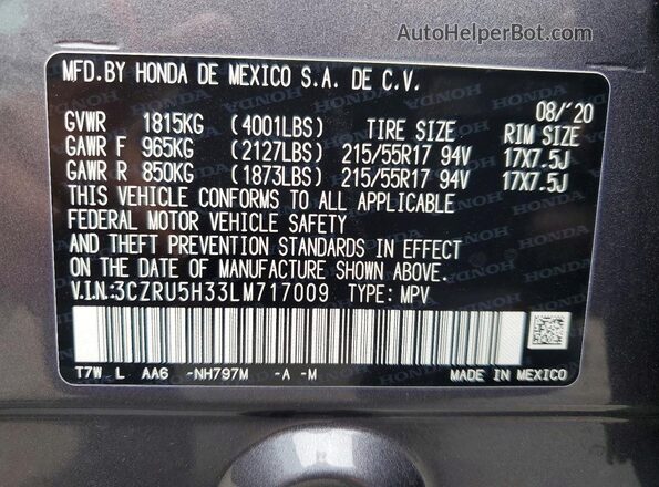 3CZRU5H33LM717009 2020 HONDA HR-V Серый Вид наклейки с VIN-кодом