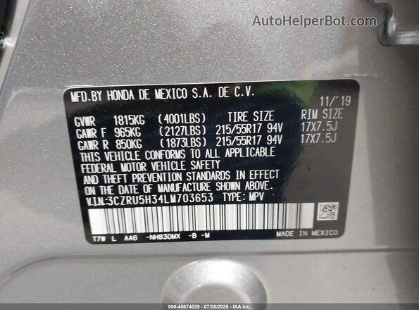3CZRU5H34LM703653 2020 HONDA HR-V Gray Вид підкапотного простору