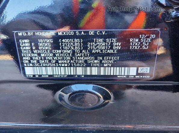 3CZRU5H34MM715822 2021 HONDA HR-V Черный Вид наклейки с VIN-кодом