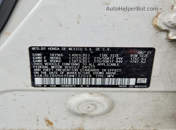 3CZRU5H35MM732029 2021 HONDA HR-V White Вид підкапотного простору