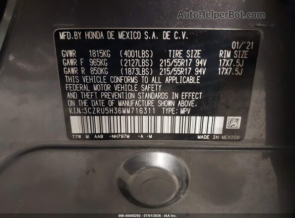 3CZRU5H36MM716311 2021 HONDA HR-V Gray Vista del compartimento del motor