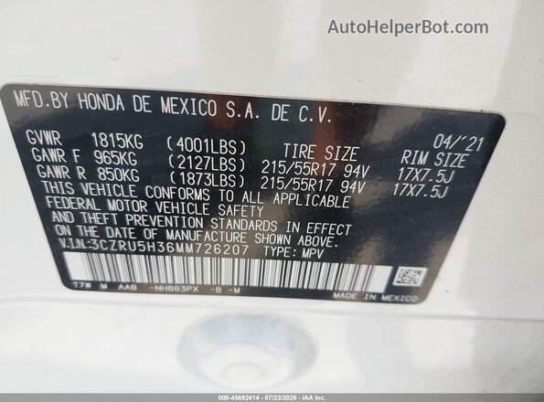 3CZRU5H36MM726207 2021 HONDA HR-V White Շարժիչի բաժամունքի տեսք