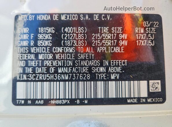 3CZRU5H36NM737628 2022 HONDA HR-V White Widok naklejki z numerem VIN