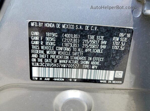 3CZRU5H37HM700527 2017 HONDA HR-V Silver Vista de la etiqueta del VIN