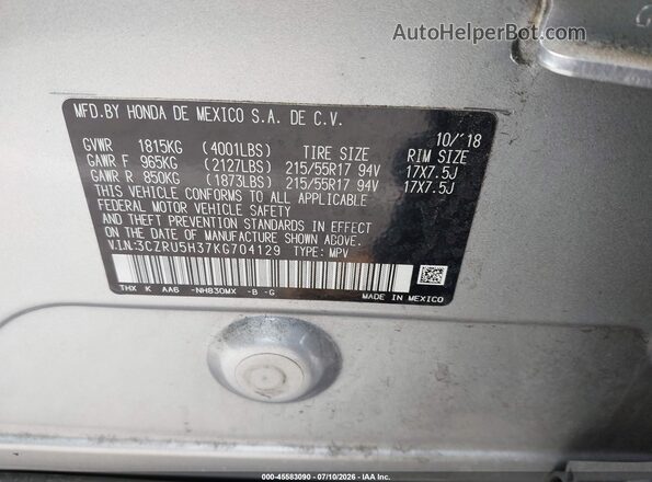 3CZRU5H37KG704129 2019 HONDA HR-V Silver Engine compartment view