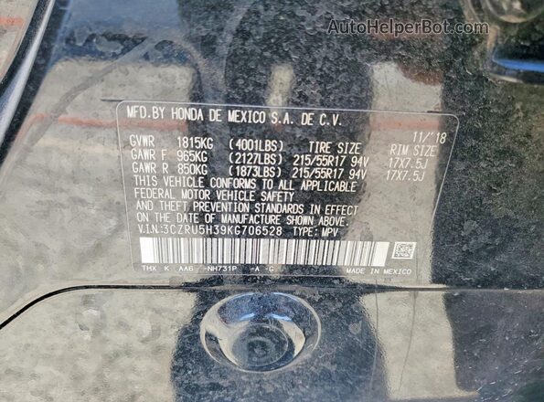 3CZRU5H39KG706528 2019 HONDA HR-V Black VIN კოდის სტიკერის ხედი