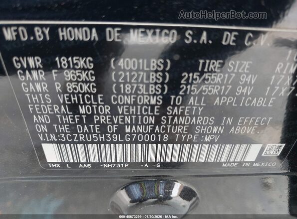 3CZRU5H39LG700018 2020 HONDA HR-V Черный Вид подкапотного пространства