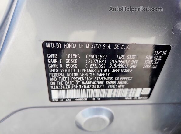 3CZRU5H3XHM708671 2017 HONDA HR-V Silver VIN կոդի պիտակի տեսք