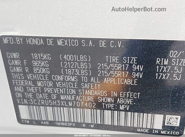 3CZRU5H3XLM707402 2020 HONDA HR-V White Вид підкапотного простору