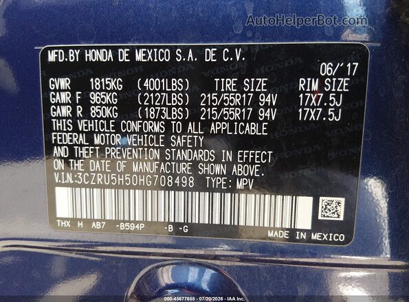 3CZRU5H50HG708498 2017 HONDA HR-V Blue Widok komory silnika