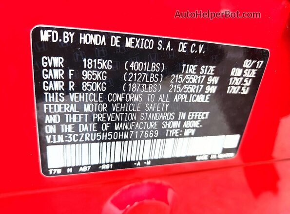 3CZRU5H50HM717669 2017 HONDA HR-V Red VIN sticker view