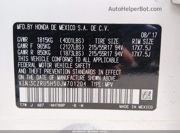 3CZRU5H50JM701204 2018 HONDA HR-V White Շարժիչի բաժամունքի տեսք