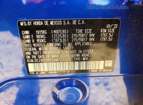 3CZRU5H50NM727520 2022 HONDA HR-V Blue Vista de la etiqueta del VIN