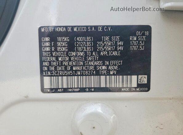 3CZRU5H51JM708274 2018 HONDA HR-V White VIN կոդի պիտակի տեսք
