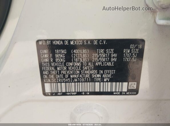 3CZRU5H52JM709711 2018 HONDA HR-V White Շարժիչի բաժամունքի տեսք
