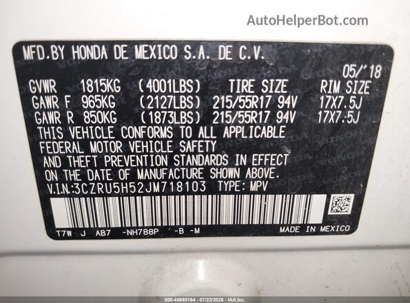 3CZRU5H52JM718103 2018 HONDA HR-V White Engine compartment view