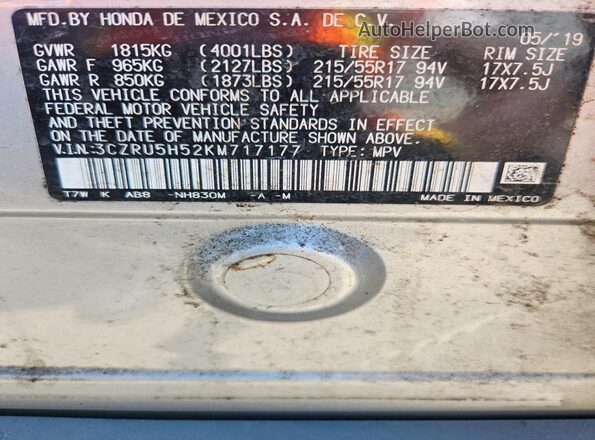 3CZRU5H52KM717177 2019 HONDA HR-V Серебряный Вид наклейки с VIN-кодом