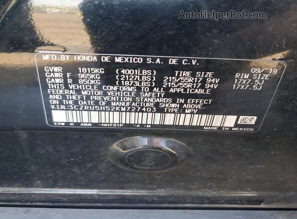 3CZRU5H52KM727403 2019 HONDA HR-V Black VIN կոդի պիտակի տեսք