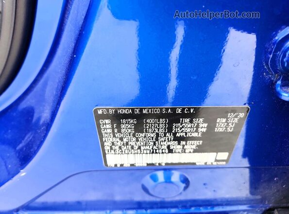 3CZRU5H53MM714646 2021 HONDA HR-V Blue VIN კოდის სტიკერის ხედი