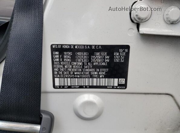 3CZRU5H54HM708005 2017 HONDA HR-V White Vista de la etiqueta del VIN