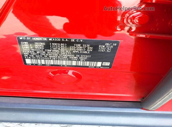 3CZRU5H54JM720502 2018 HONDA HR-V Red VIN sticker view