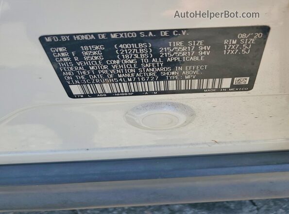 3CZRU5H54LM716727 2020 HONDA HR-V Белый Вид наклейки с VIN-кодом