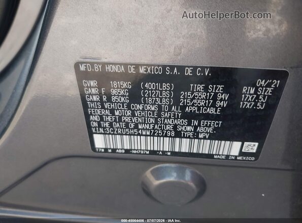 3CZRU5H54MM725798 2021 HONDA HR-V Gray Շարժիչի բաժամունքի տեսք