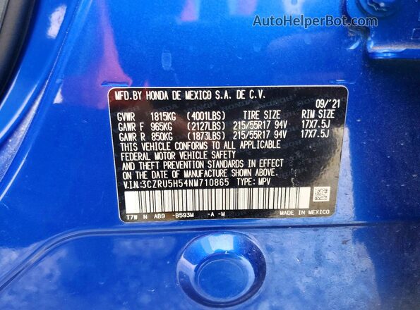 3CZRU5H54NM710865 2022 HONDA HR-V Blue Widok naklejki z numerem VIN