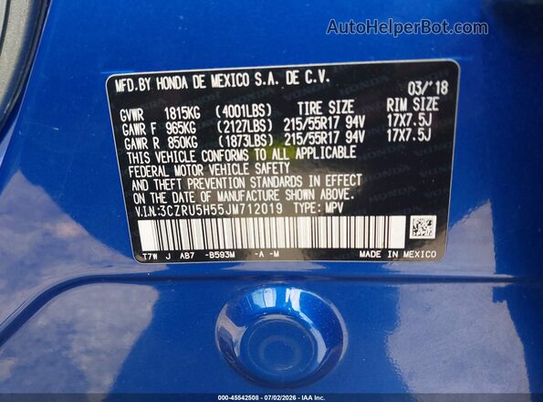 3CZRU5H55JM712019 2018 HONDA HR-V Синий Вид подкапотного пространства