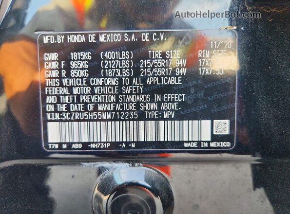 3CZRU5H55MM712235 2021 HONDA HR-V Black Вид наклейки з VIN-кодом