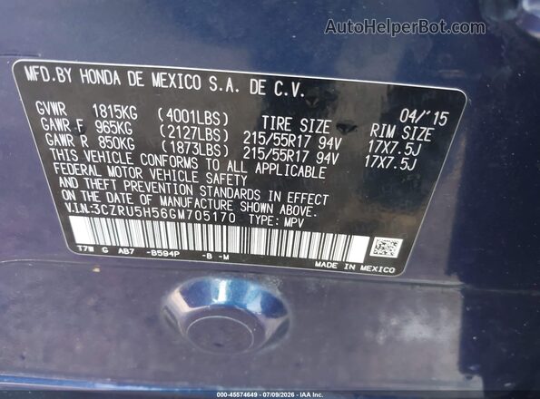 3CZRU5H56GM705170 2016 HONDA HR-V Синий Вид подкапотного пространства