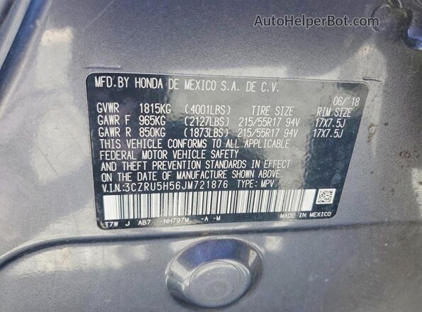 3CZRU5H56JM721876 2018 HONDA HR-V Gray ძრავის განყოფილების ხედი