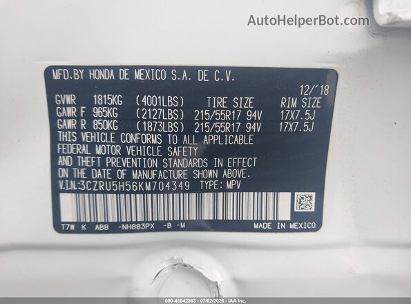 3CZRU5H56KM704349 2019 HONDA HR-V White Vista del compartimento del motor