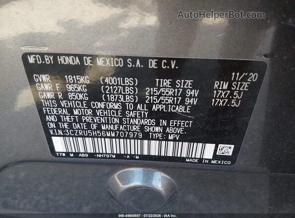 3CZRU5H56MM707979 2021 HONDA HR-V Gray Вид підкапотного простору