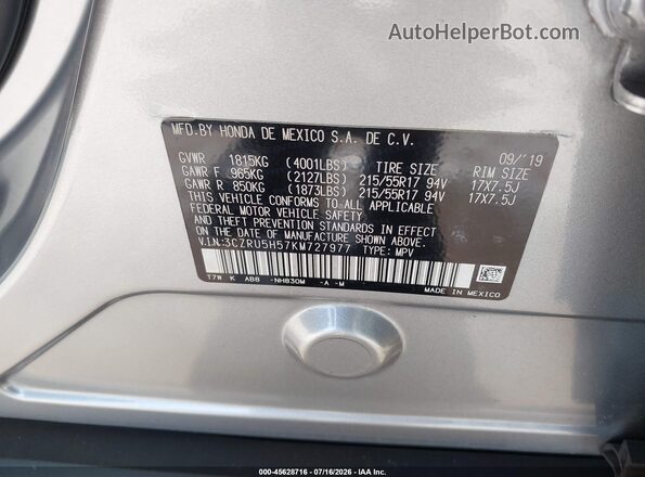 3CZRU5H57KM727977 2019 HONDA HR-V Silver Vista del compartimento del motor