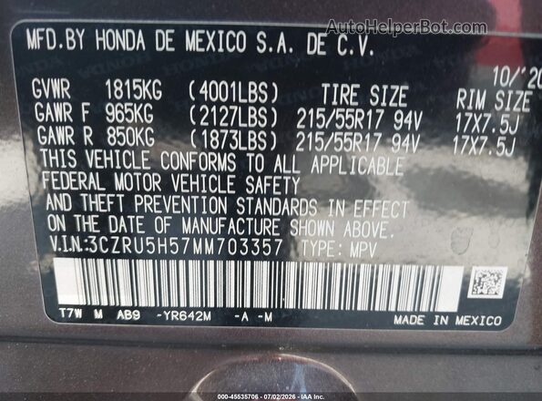 3CZRU5H57MM703357 2021 HONDA HR-V Burgundy Vista del compartimento del motor