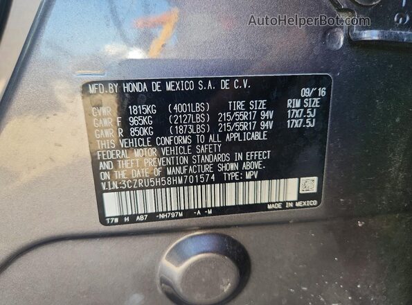 3CZRU5H58HM701574 2017 HONDA HR-V Gray Vista de la etiqueta del VIN