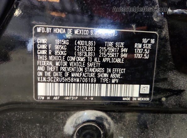 3CZRU5H58HM706189 2017 HONDA HR-V Черный Вид наклейки с VIN-кодом