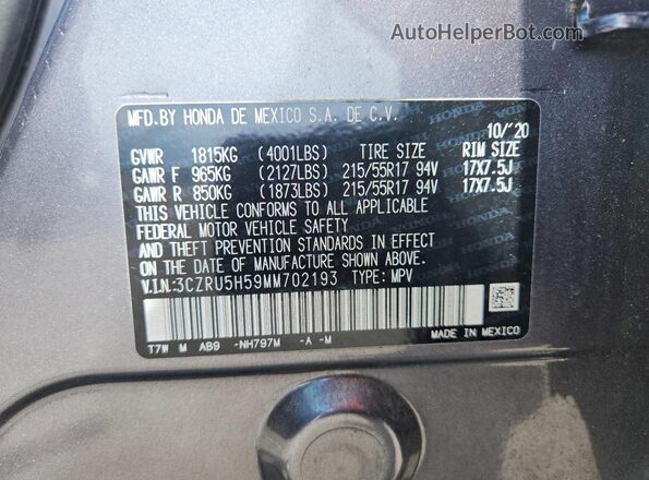3CZRU5H59MM702193 2021 HONDA HR-V Серый Вид наклейки с VIN-кодом