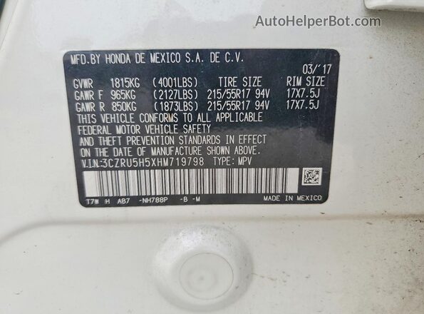 3CZRU5H5XHM719798 2017 HONDA HR-V White VIN կոդի պիտակի տեսք