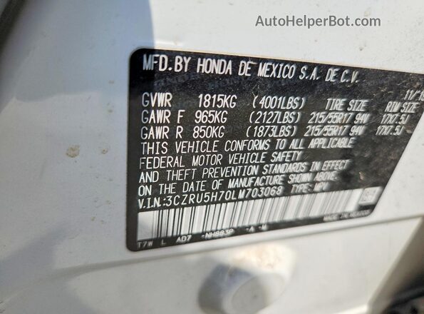 3CZRU5H70LM703068 2020 HONDA HR-V White VIN կոդի պիտակի տեսք