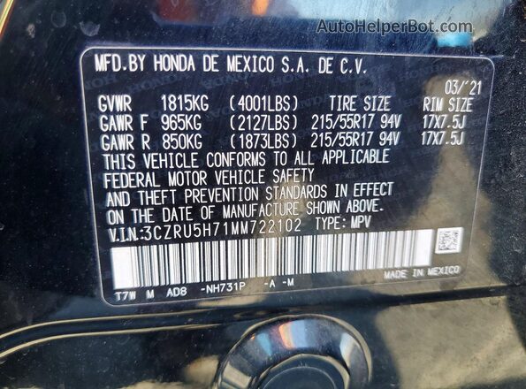 3CZRU5H71MM722102 2021 HONDA HR-V Black Vista de la etiqueta del VIN
