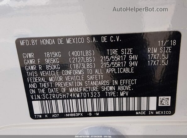 3CZRU5H74KM701323 2019 HONDA HR-V White Engine compartment view