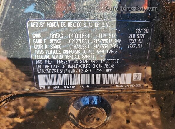 3CZRU5H74MM712583 2021 HONDA HR-V Black Вид наклейки з VIN-кодом