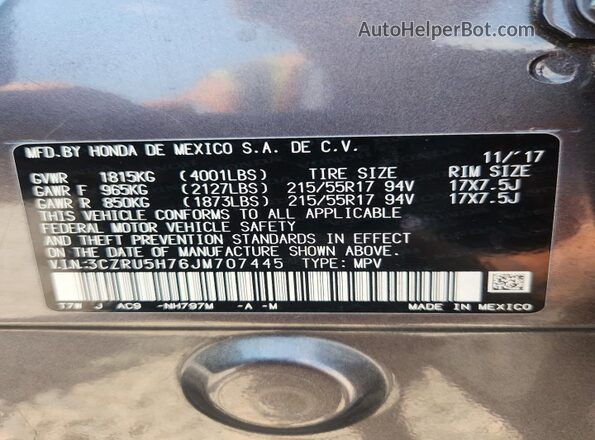 3CZRU5H76JM707445 2018 HONDA HR-V Gray VIN կոդի պիտակի տեսք