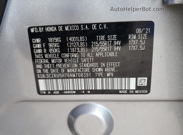 3CZRU5H76NM708391 2022 HONDA HR-V Silver VIN կոդի պիտակի տեսք