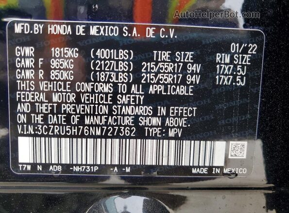 3CZRU5H76NM727362 2022 HONDA HR-V Black Սալոնի 360 աստիճան տեսք