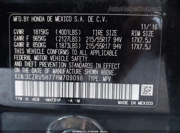 3CZRU5H77HM709098 2017 HONDA HR-V Black Widok komory silnika