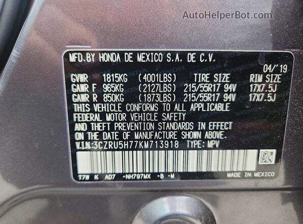 3CZRU5H77KM713918 2019 HONDA HR-V Charcoal VIN կոդի պիտակի տեսք